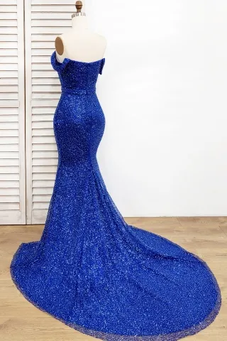 off the shoulder blue sequin slit mermaid long train custom made prom dress