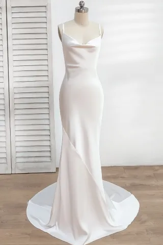 sleek ivory white satin cowl neck long evening dress