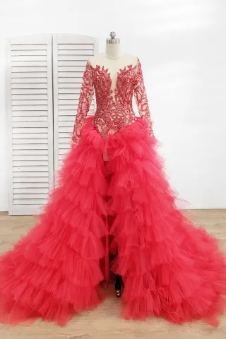 watermelon glitter drop waist tiered tulle slit prom gown