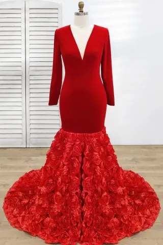 bright red velvet 3d satin rosette long sleeve prom dress