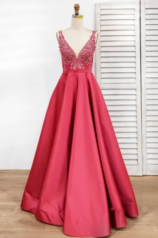 raspberry lace and satin floor length a line formal dress