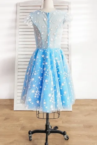 stars glitter embroidered tulle knee length short blue cocktail homecoming dress