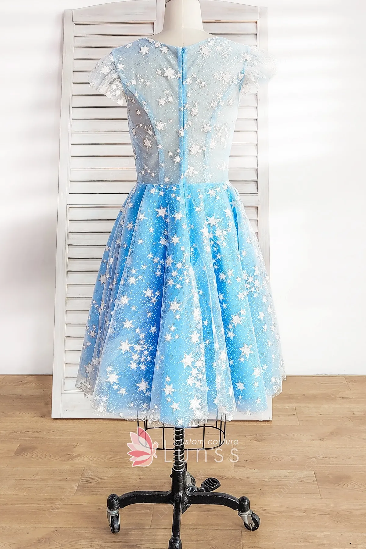 Stars Glitter Tulle Cap Sleeve Short Blue Cocktail Dress - Lunss