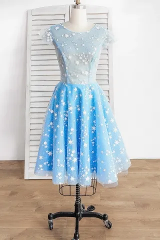 stars glitter tulle cap sleeve short blue cocktail dress