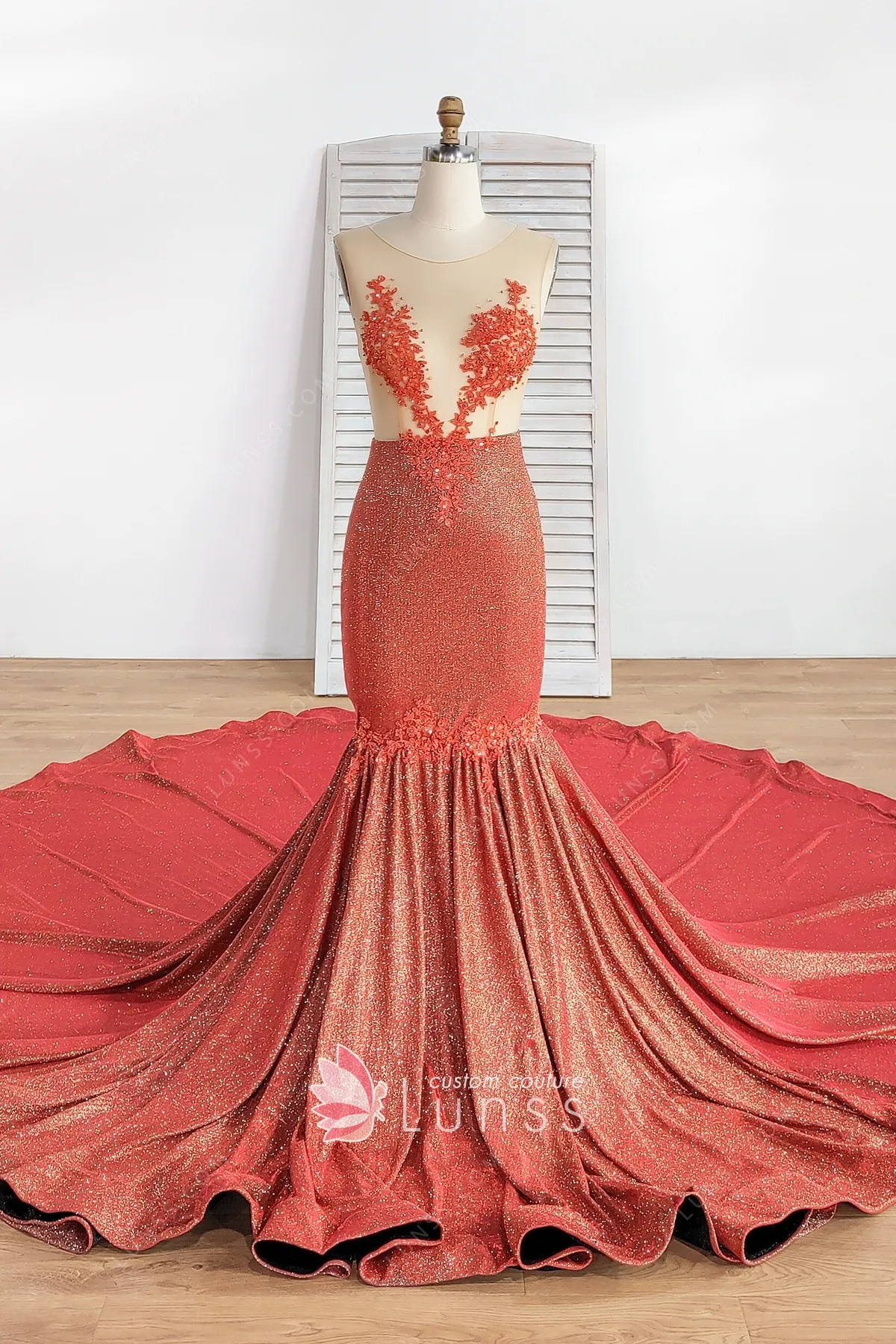 brick red glitter trumpet long train sheer lace prom gown
