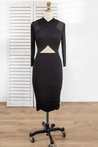 pleated black jersey wrapped fitted short party dress