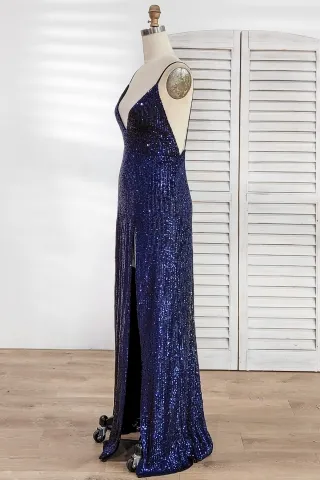 double slits navy blue sequin prom dress