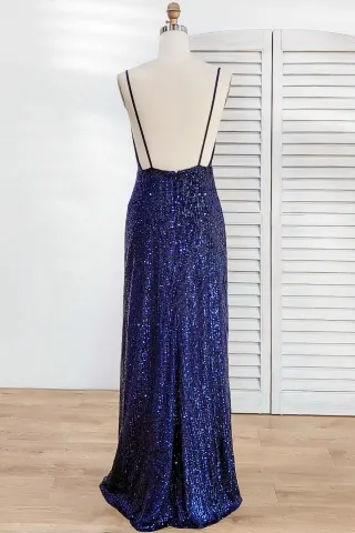 simple yet sexy sparkly navy blue vertical striped sequin floor length long prom dress