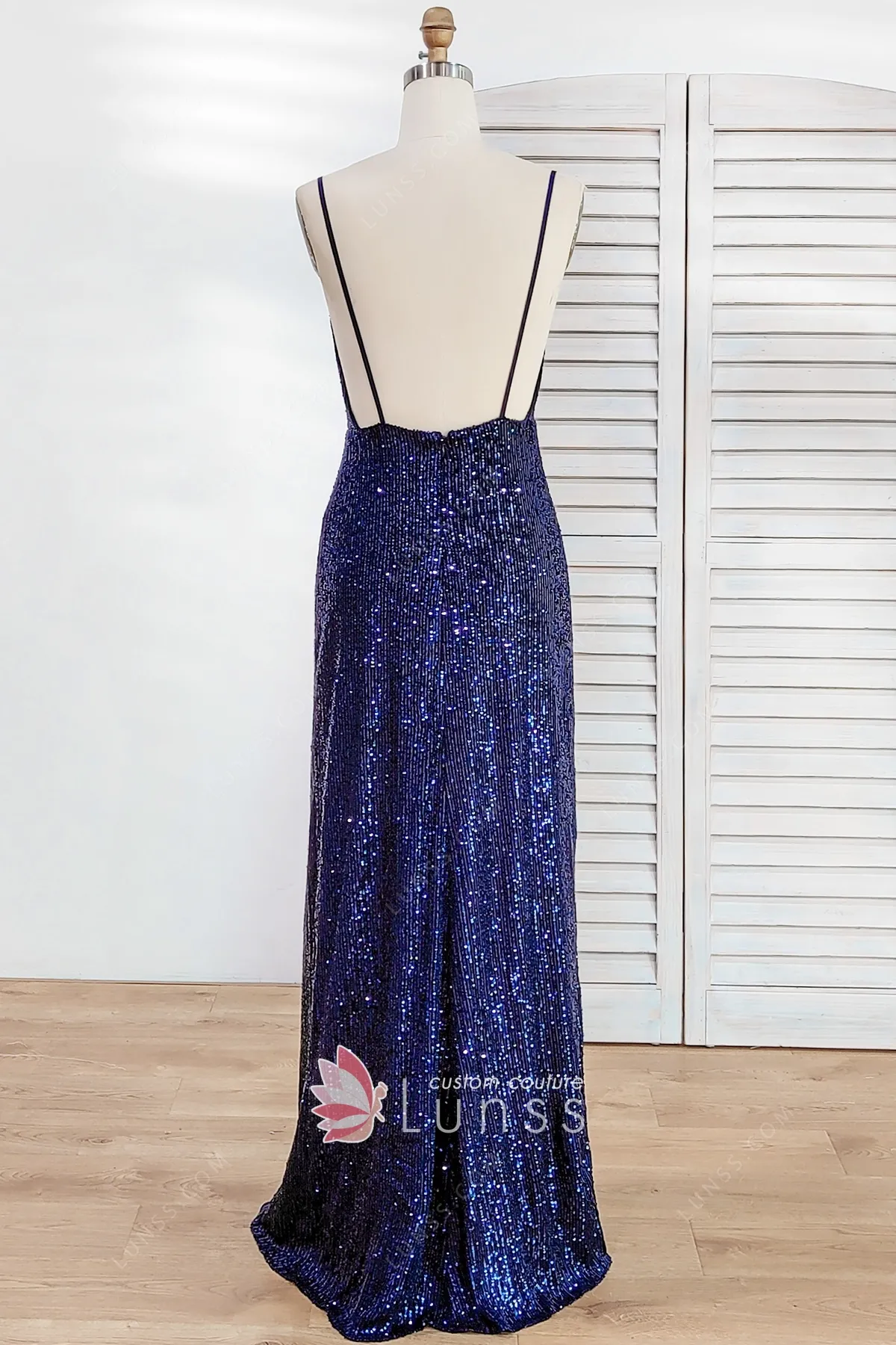 Strapless Blue Sequin V Neck Long Prom Dress