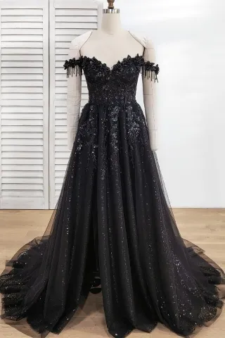 black glitter flowers tassels off shoulder bridal dress