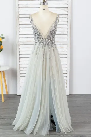 sexy beaded plunging neck light gray tulle formal dress