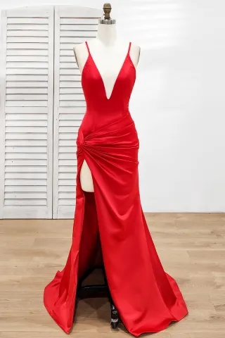 side draped sleek red satin slit sexy long prom dress
