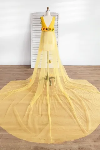 glamorous sunflower sheer yellow tulle long train special occasion dress