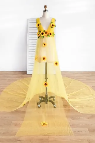 sunflowers sheer yellow long train special occasion dress