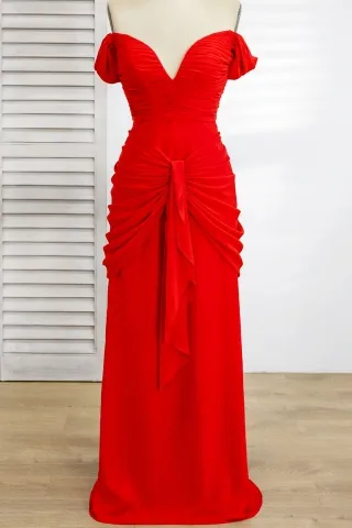 draped bright red chiffon off the shoulder formal dress
