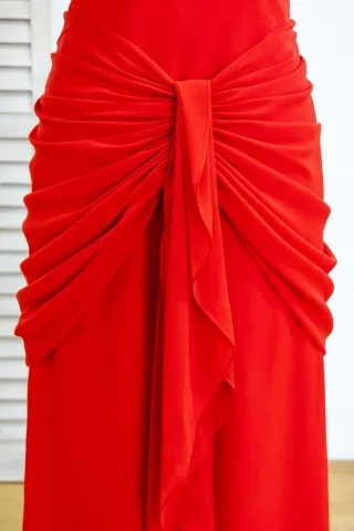 draped red chiffon dress