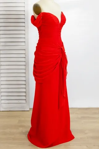 draped red chiffon off shoulder dress