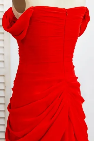 red chiffon zipper up back dress