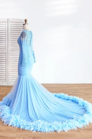 blue glitter feather mermaid prom dress