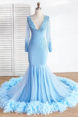 sky blue glitter and feather train mermaid prom dress