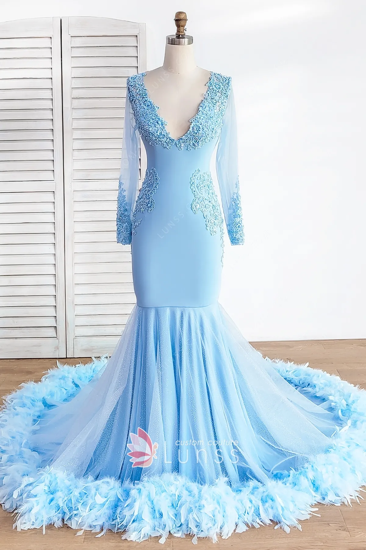 Sky Blue Glitter and Feather Train Mermaid Prom Dress - Lunss