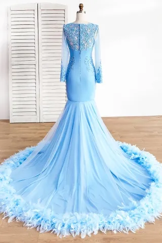 sky blue mermaid long sleeve long train with feather trim gorgeous prom dress