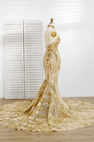 geometric pattern gold sequin mermaid long train prom dress