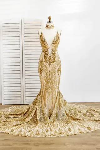 sparkly unique gold sequin choker long train prom dress