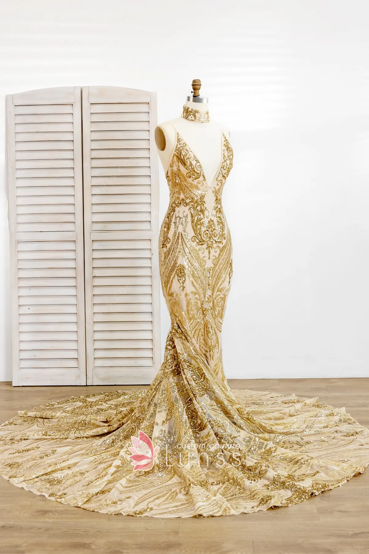 Robe De Soirée Pailletée Or - Avec Traîne Et Fente - Taille 6 - Manches Longues - Neuf Sans étiquette
