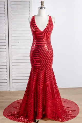 popular striped red sequin v neckline mermaid prom dress
