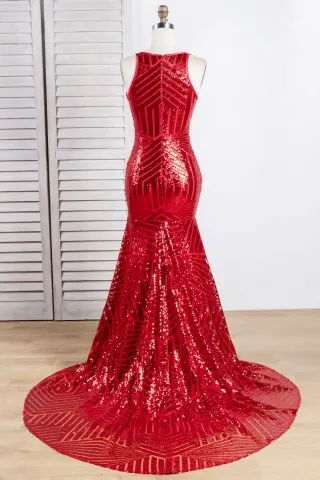 red striped sequin closed back prom dress with medium length train