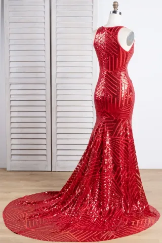 sleeveless red striped sequin closed back mermaid prom dress