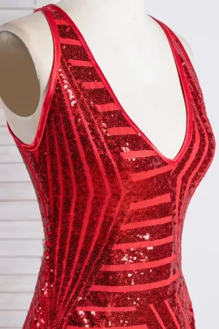 striped red sequin V neck dress