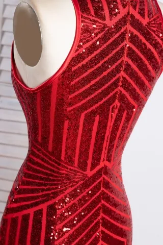 striped red sequin closed back dress