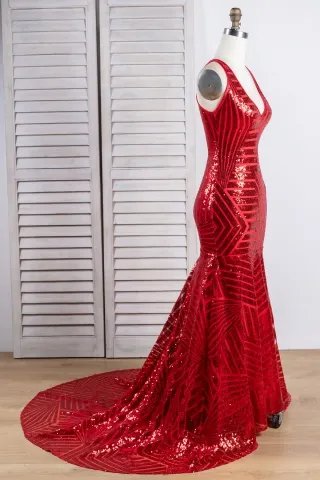 striped red sequin mermaid prom dress
