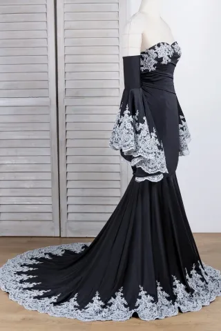 silver lace black bell sleeve prom gown