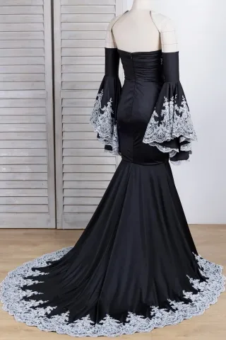 silver lace black mermaid unique prom dress with off the shoulder long bell sleeves