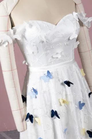 lace up back satin long bridal dress with butterflies embellishment