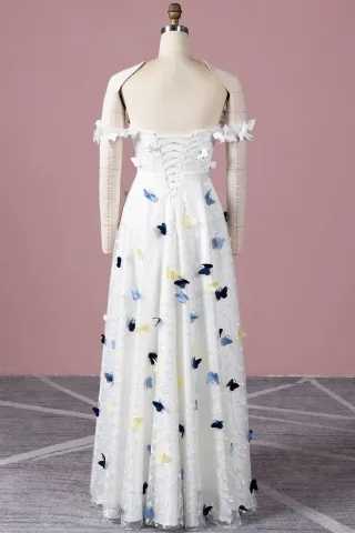 yellow blue and white butterflies embellished lace overlaid ivory white satin A line long bridal dress