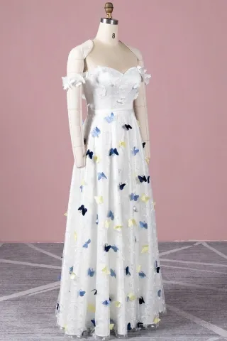 yellow blue white butterfly bridal dress