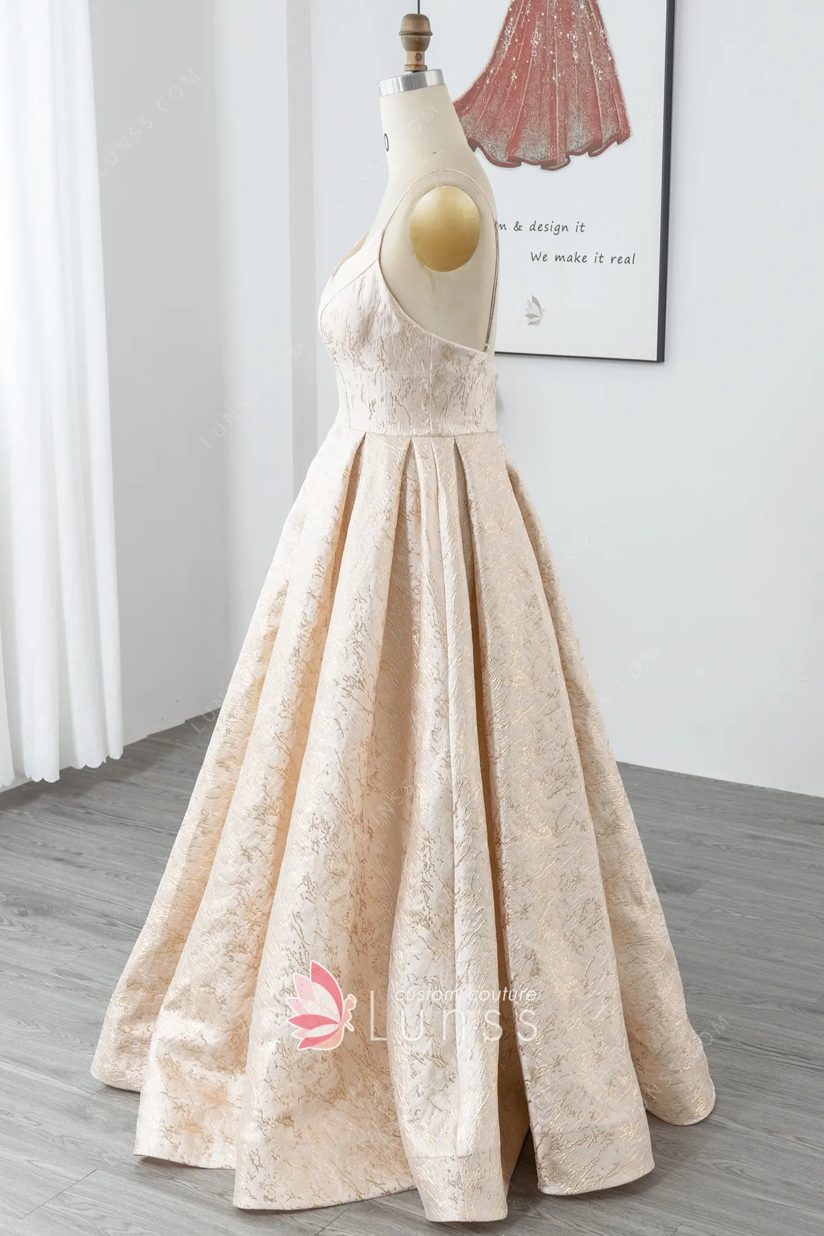 Lunss Fancy Ruffled Champagne Glitter Tulle V-Neck Wedding Gown