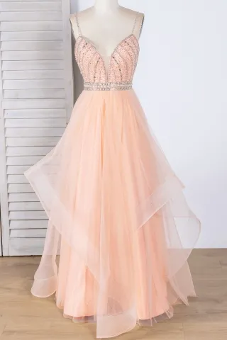 dazzling beaded peach tulle and satin evening formal gown