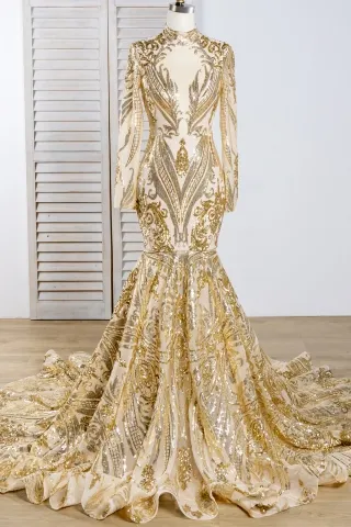 sparkly gold unique geometric pattern sequin prom dress