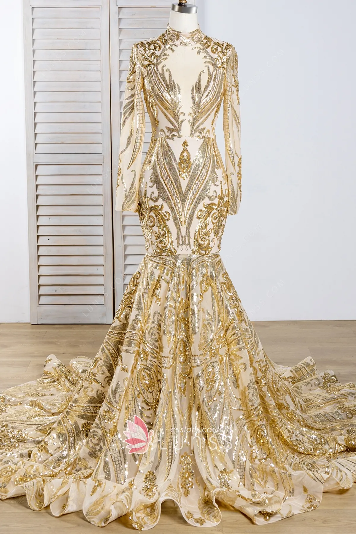 Sparkly Gold Unique Geometric Pattern Sequin Prom Dress Lunss