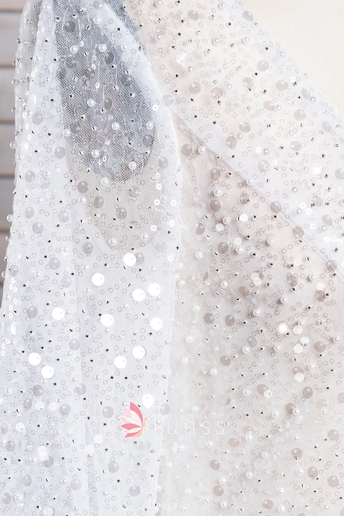 Handmade White Sequins And Pearl Bead Tulle Skirt For Summer With Sparkling Sheer Overlay main image 1