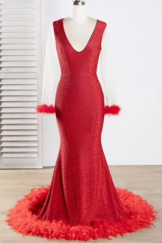 glamorous glitter red feather sleeve long train prom gown
