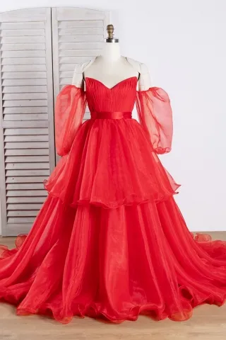 tiered ruffled red organza ball gown with bishop sleeves
