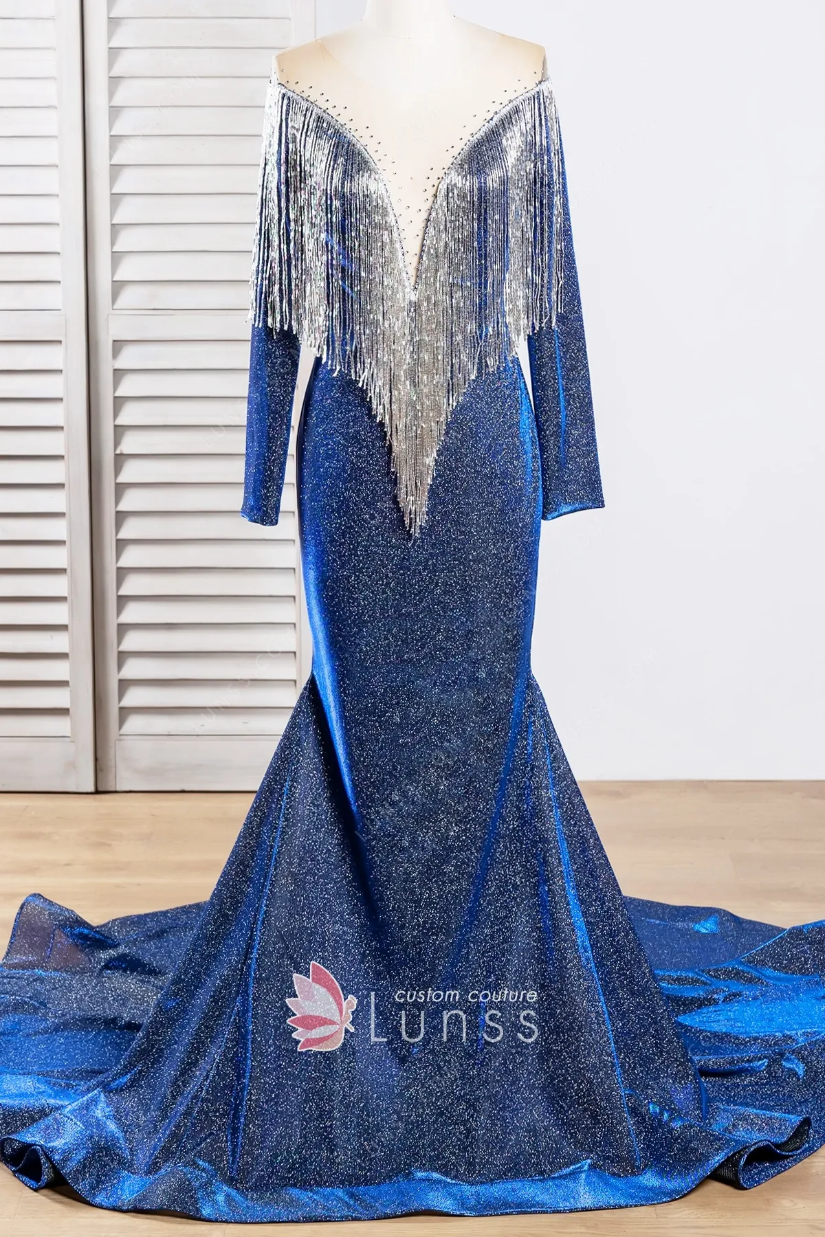 Beading Tassels Plunging Neckline Glitter Blue Prom Dress - Lunss