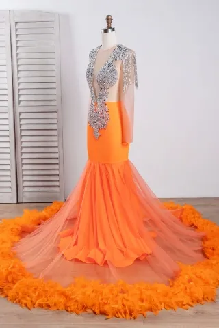 beading bodice orange feather prom dress