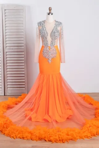beading bodice tassels sleeve orange feather prom dress